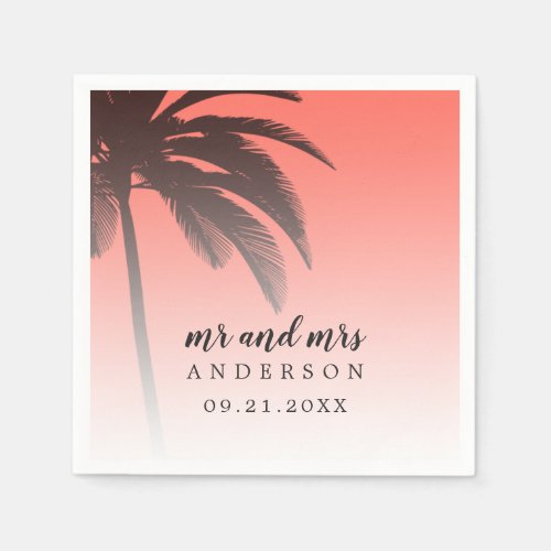 Monogrammed Coral Tropical Palm Tree Beach Wedding Napkins