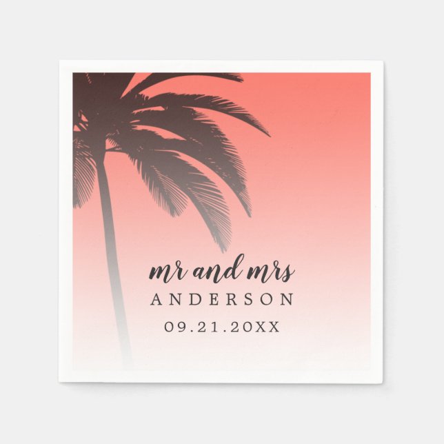 Monogrammed Coral Tropical Palm Tree Beach Wedding Napkins (Front)