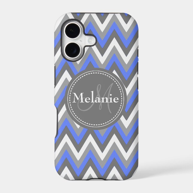 Monogrammed Cornflower Blue & Grey Chevron Pattern Iphone Case (Back)