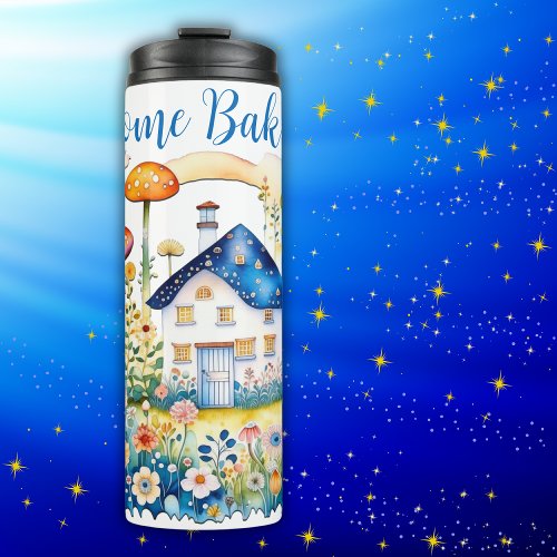 Monogrammed Cottagecore Home with Mushrooms  Thermal Tumbler