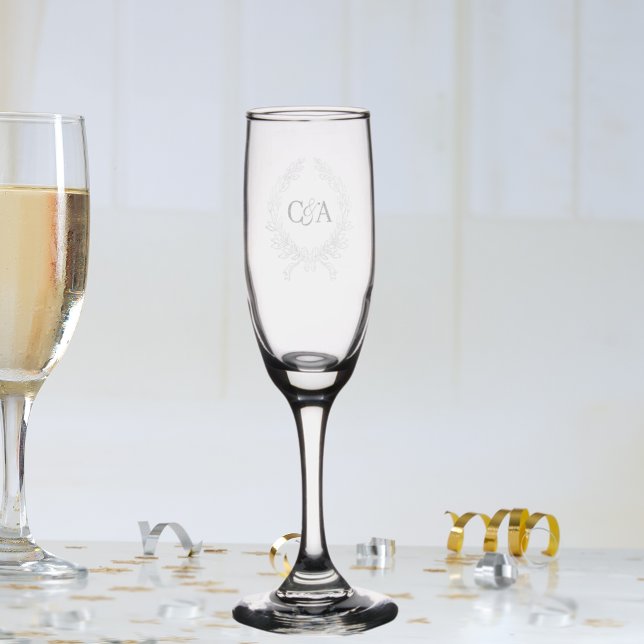Monogrammed couple initials wreath  champagne flute (Creator Uploaded)