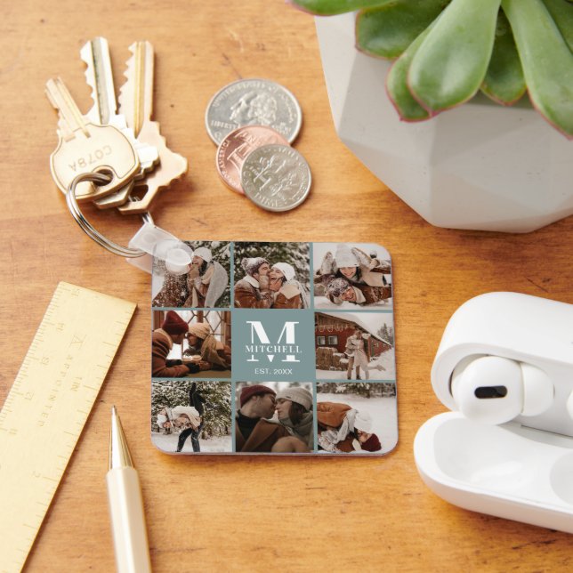 Monogrammed Couple Photo Collage | Monogram Green Keychain (Desk)