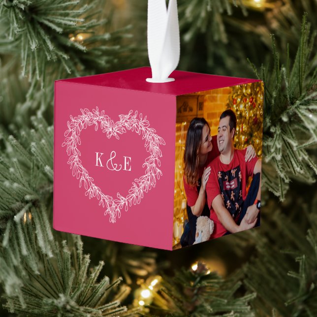 Monogrammed couples red mistletoe heart photo cube ornament (Tree)