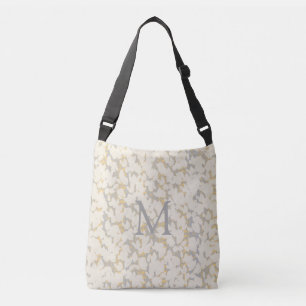 Monogrammed Cream Gray Gold Leafs Abstract Design Crossbody Bag