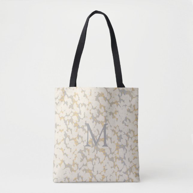 Monogrammed Cream Gray Gold Leafs Abstract Design Tote Bag (Front)
