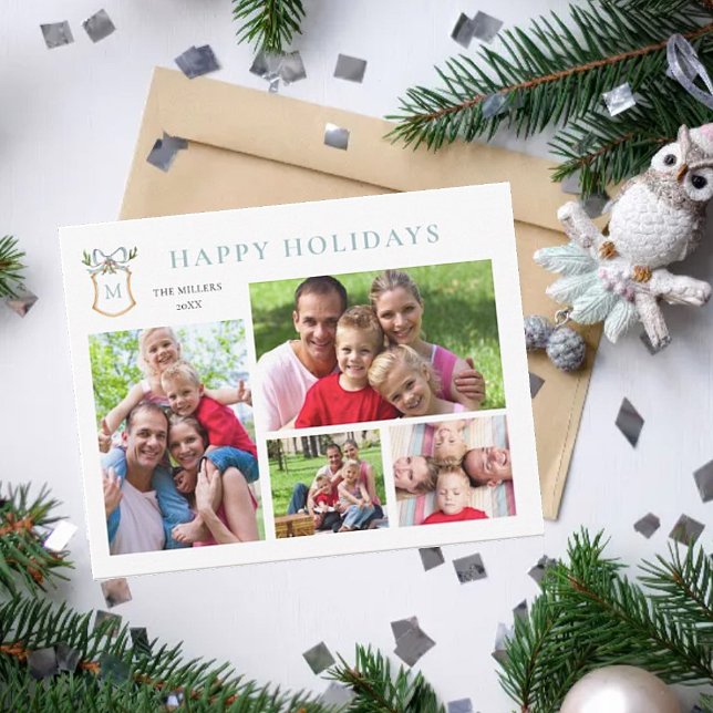 Monogrammed Crest Blue 4 Photo Holiday  (Creator Uploaded)