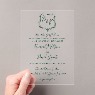 Monogrammed Crest Forest Green Wedding Acrylic Invitations