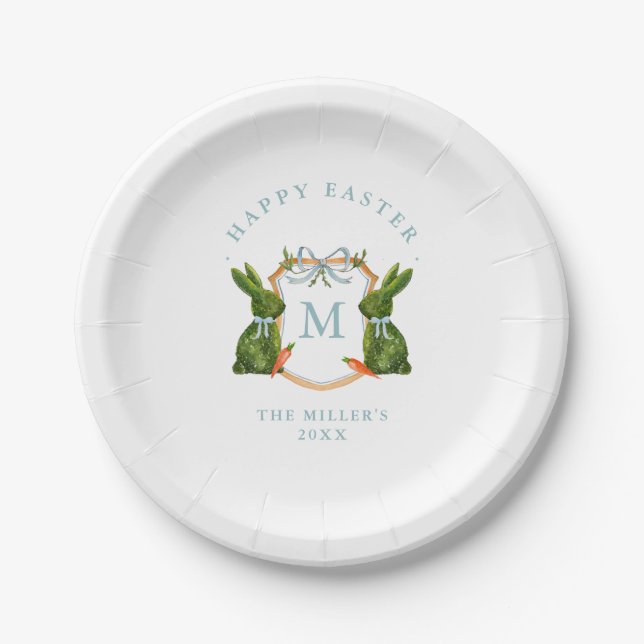 Monogrammed Crest Topiary Bunny Easter  Paper Plates (Front)