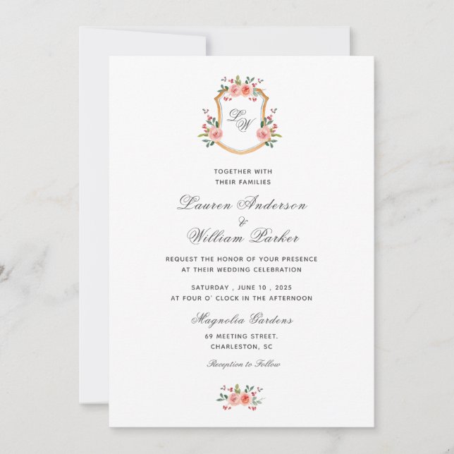 Monogrammed Crest with flowers Wedding Invitation (Front)