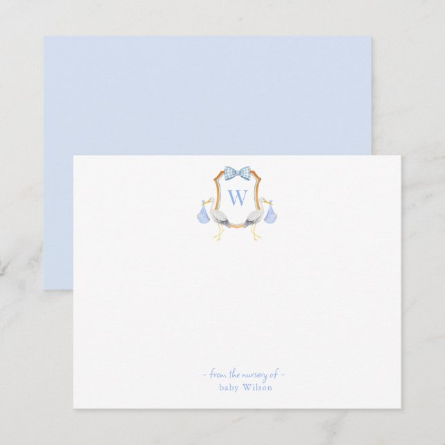 Monogrammed crest with Stork Baby boy Thank You Card (Front/Back)