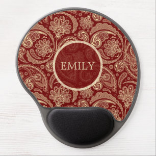 Monogrammed Crimson Red And Beige Vintage Paisley Gel Mouse Pad