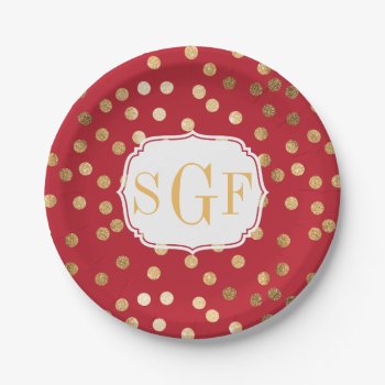 Monogrammed Crimson Red And Gold Glitter Dots Paper Plates by HoundandPartridge at Zazzle