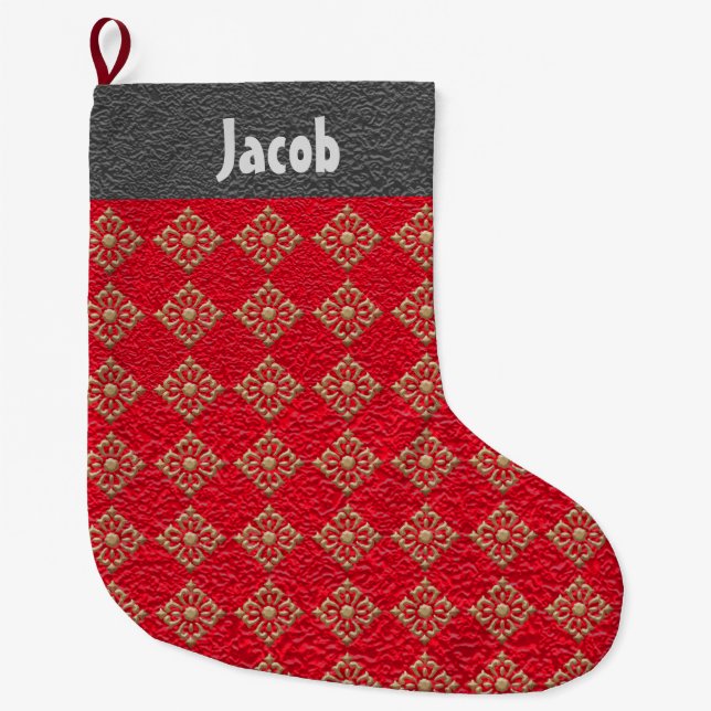 Monogrammed Crinkled Red and Gold Diamonds Large Christmas Stocking (Front)