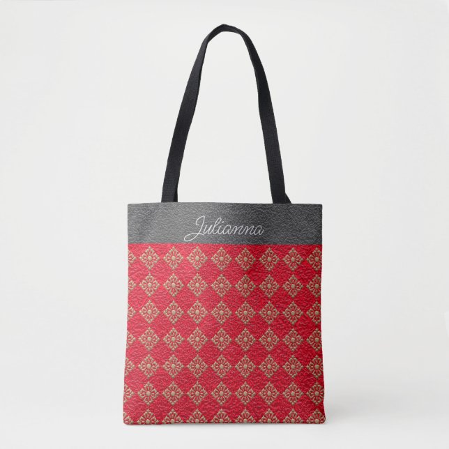 Monogrammed Crinkled Red and Gold Diamonds Tote Bag (Front)