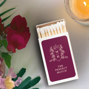 Monogrammed crown crest dark red peach wedding matchboxes