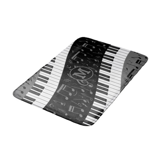 Monogrammed curve piano keys and musical notes bath mat