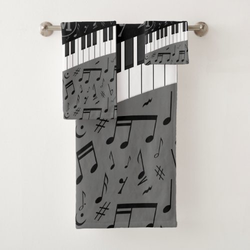 Monogrammed curve piano keys and musical notes bath towel set