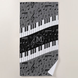 Monogrammed curve piano keys and musical notes beach towel