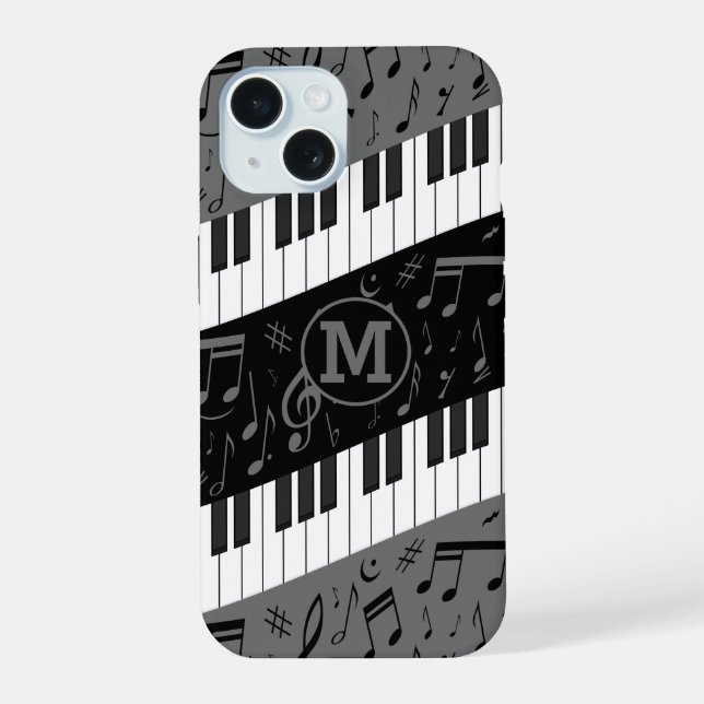 Monogrammed curve piano keys and musical notes iPhone 15 case (Back)