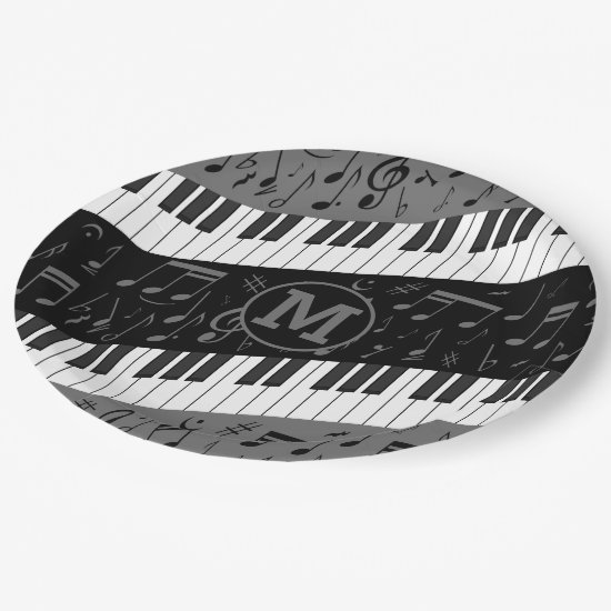 Monogrammed curve piano keys and musical notes paper plate