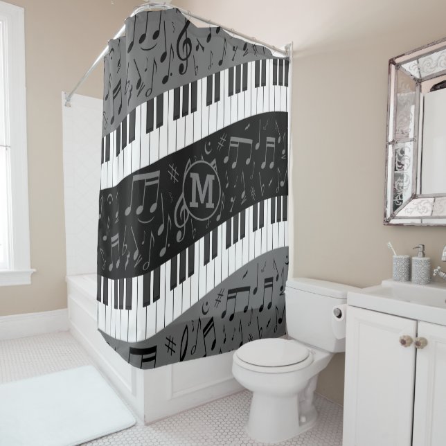 Monogrammed curve piano keys and musical notes shower curtain (In Situ)