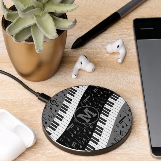 Monogrammed curve piano keys and musical notes wireless charger 