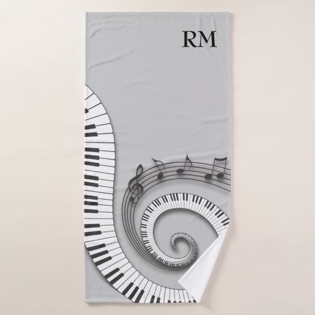 Monogrammed curved piano keys and musical notes on bath towel set (Bath Towel)