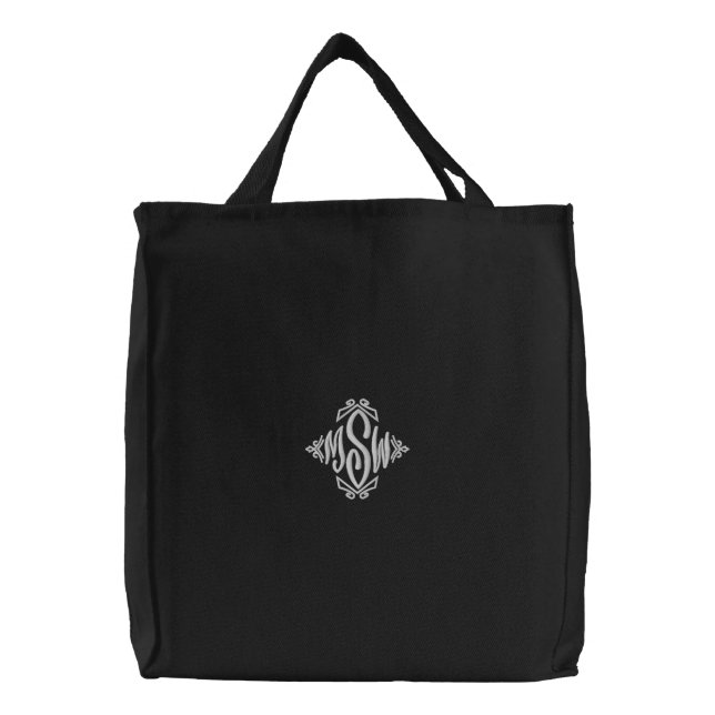 Monogrammed Custom black white elegant  Embroidered Tote Bag (Front)