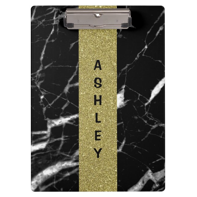 Monogrammed Custom name black marble and gold Clipboard (Front)