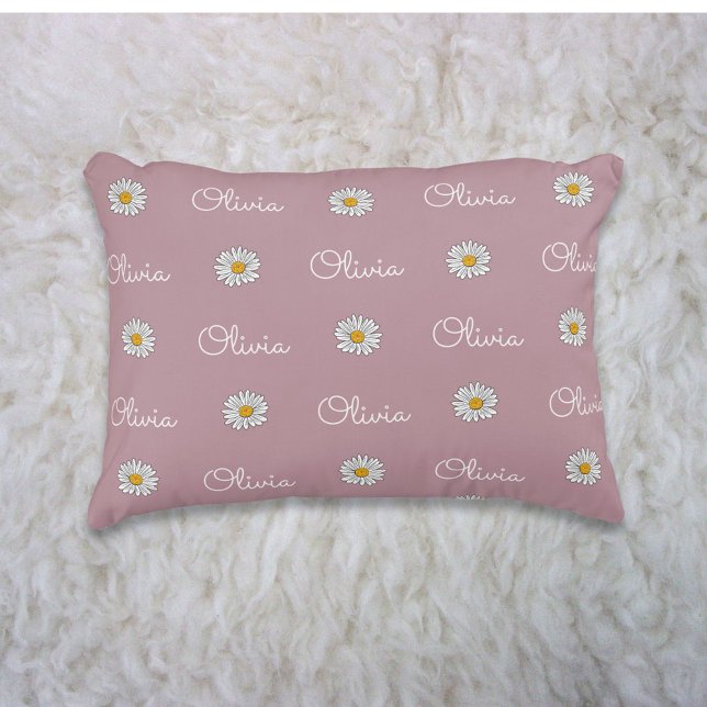 Monogrammed Custom Name White Daisy Floral Pattern Accent Pillow (In situ)