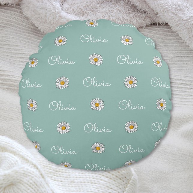 Monogrammed Custom Name White Daisy Floral Pattern Round Pillow (In situ)