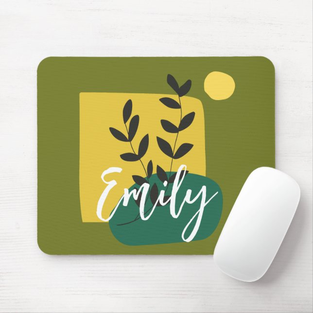 Monogrammed cute abstract and nature green script mouse pad (With Mouse)