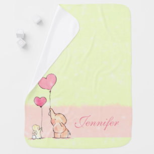 Monogrammed Cute Baby Elephant N Rabbit with Heart Baby Blanket