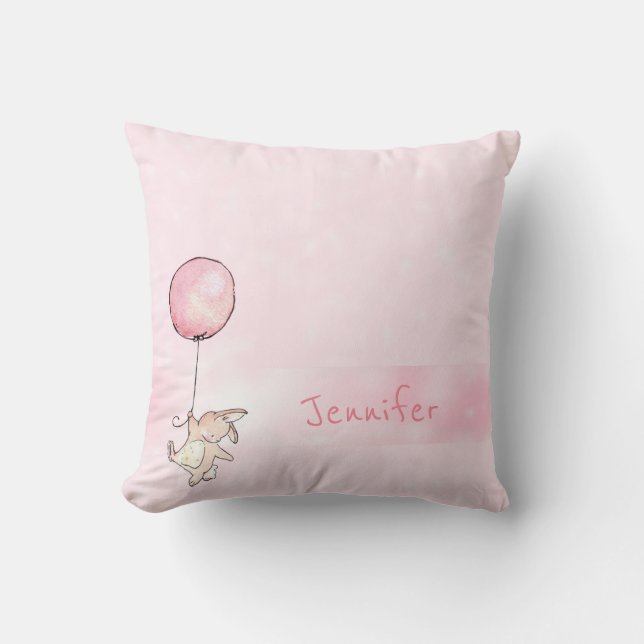 Monogrammed Cute Baby Rabbit for Girl Pink Throw Pillow (Front)