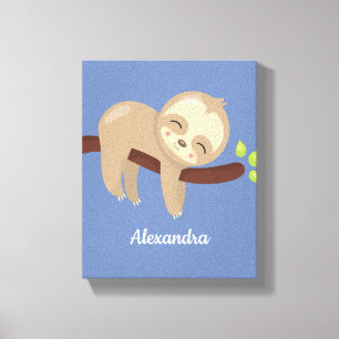 Monogrammed Cute Baby Sloth on Tree Nursery Canvas Print