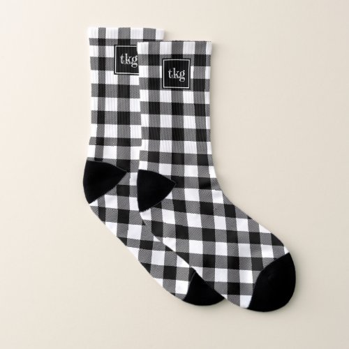 Monogrammed Cute Black and White Buffalo Plaid Socks