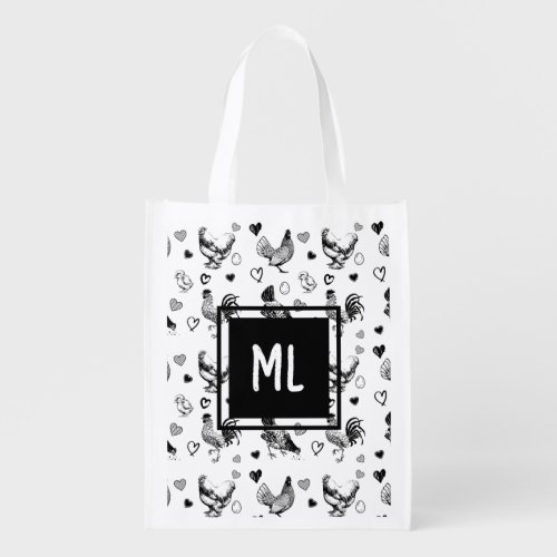 Monogrammed Cute Black and White Cartoon Chickens Grocery Bag