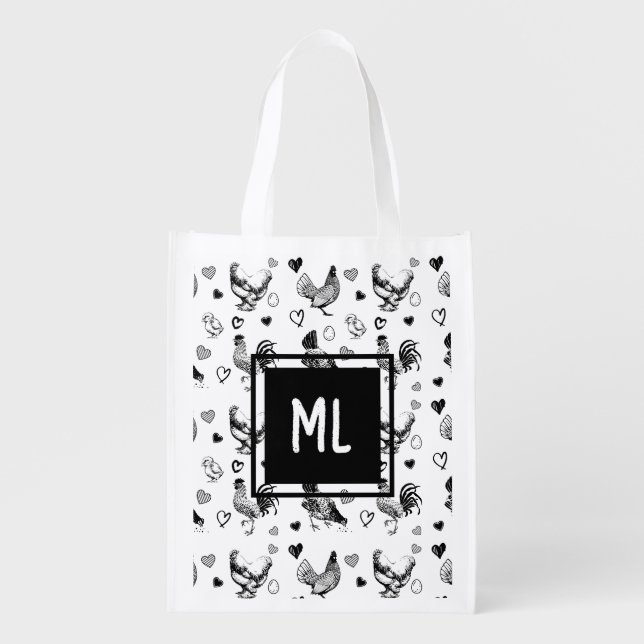 Monogrammed Cute Black and White Cartoon Chickens Grocery Bag (Front)