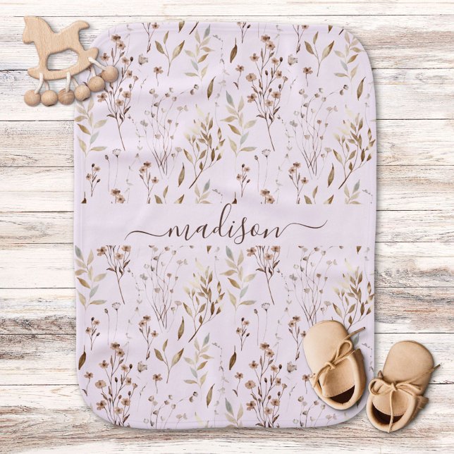 Monogrammed Cute Brown Floral Botanical  Baby Blanket (Close up)