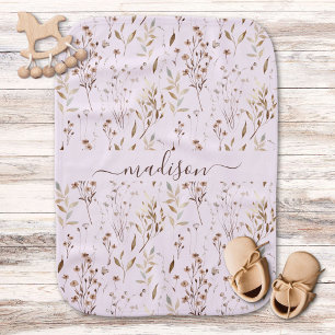 Monogrammed Cute Brown Flowers and Leaves Baby Burp Cloth