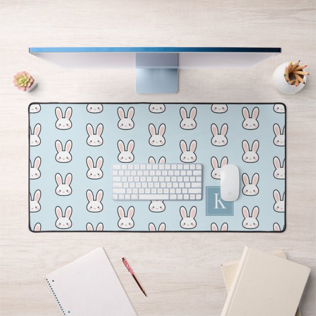 Monogrammed Cute Bunny Face Rabbit Pattern Desk Mat (Office 1)