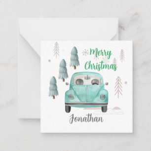 Monogrammed cute Christmas trees and car blue Note Card