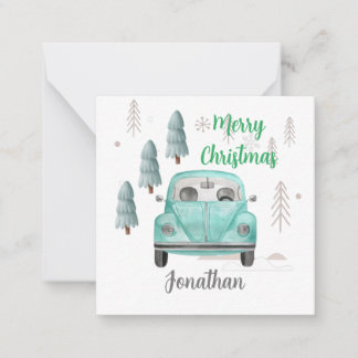 Monogrammed cute Christmas trees and car blue Note Card