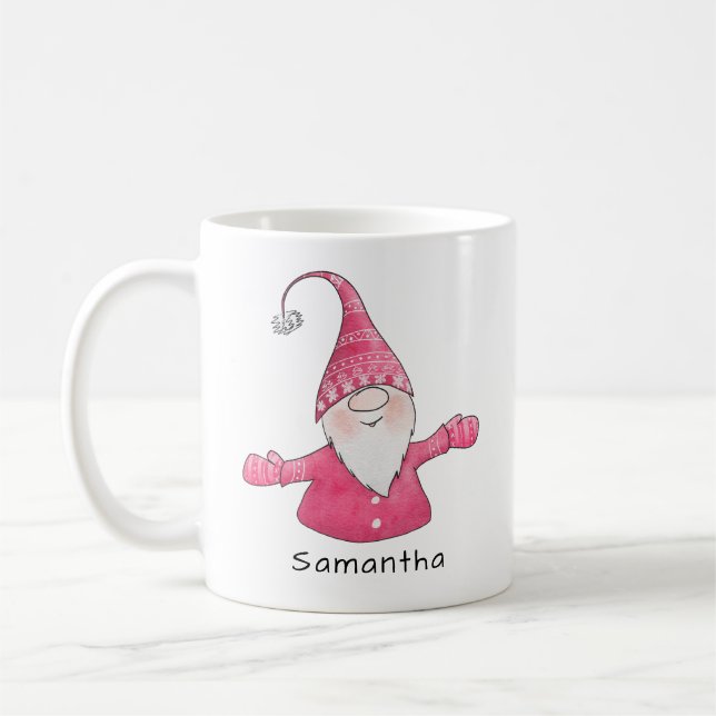 Monogrammed Cute Gnome Pink and White Christmas Coffee Mug (Left)
