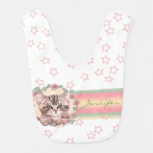 Monogrammed Cute Kitten Floral Pink Star Baby Bib
