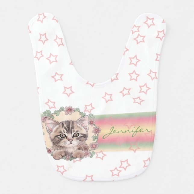 Monogrammed Cute Kitten Floral Pink Star Baby Bib (Front)