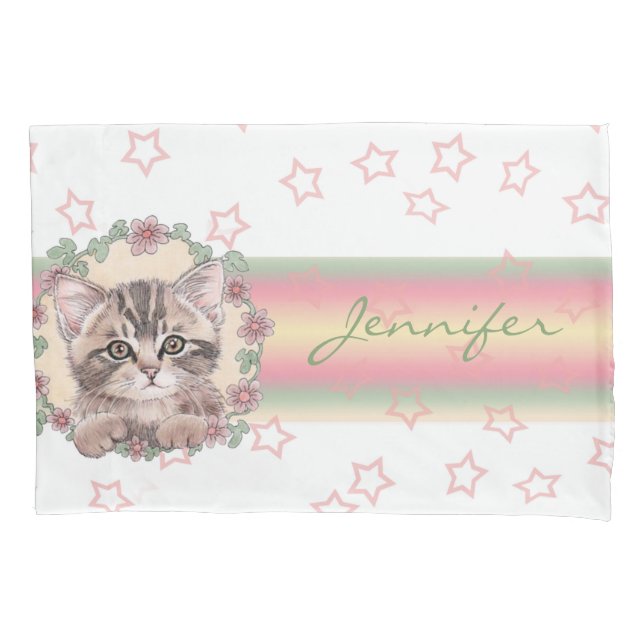 Monogrammed Cute Kitten Floral Pink Star Pillow Case (Front)