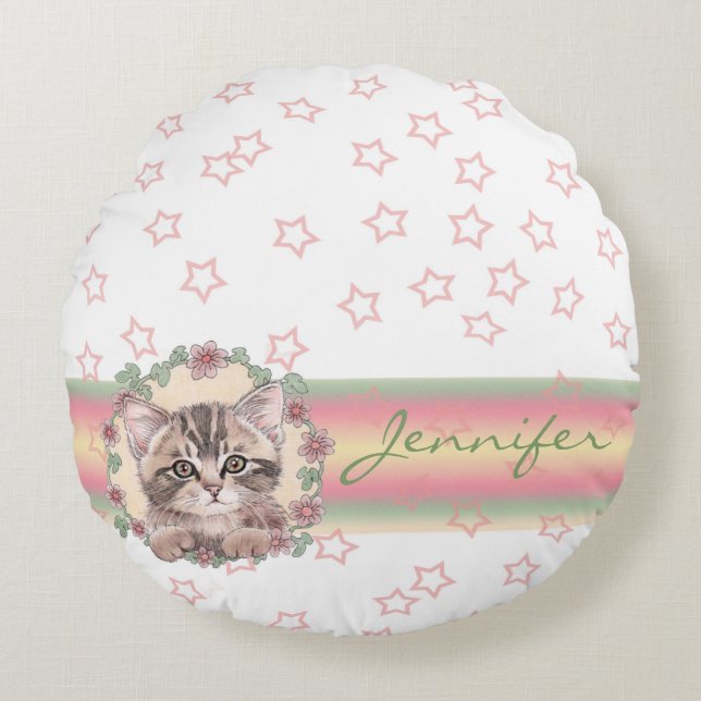 Monogrammed Cute Kitten Floral Pink Star Round Pillow (Front)