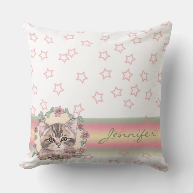 Monogrammed Cute Kitten Floral Pink Star Throw Pillow (Front)