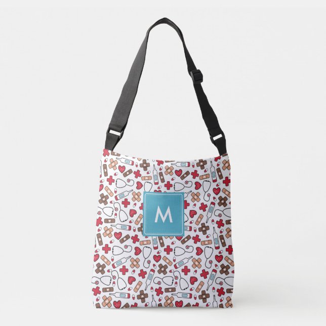 Monogrammed Cute Medical Pattern Nurse Crossbody Bag (Front)